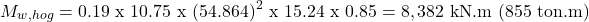 \[ M_{w,hog} =0.19 \text{ x } 10.75\text{ x }(54.864)^2 \text{ x } 15.24 \text{ x } 0.85 = 8,382 \text{ kN.m (≈855 ton.m)} \]