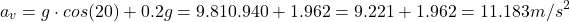 \[ a_v​=g\cdot cos(20&deg;)+0.2g=9.81&times;0.940+1.962=9.221+1.962=11.183 m/s^2 \]