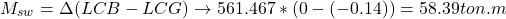 \[ M_{sw}=\Delta (LCB - LCG)\to 561.467 \ast(0-(-0.14))=58.39ton.m \]