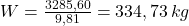 Rendered by QuickLaTeX.com W = \frac{3285,60}{9,81} = 334,73 \, kg